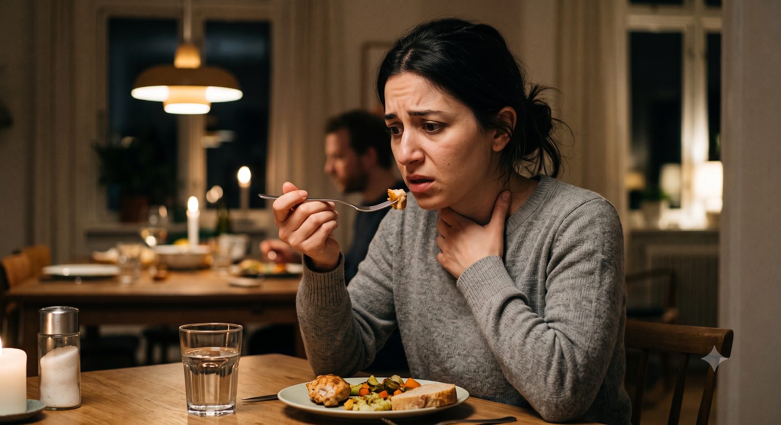 Yemek yerken boğazını tutan endişeli kadın, yutma korkusu fajofobi